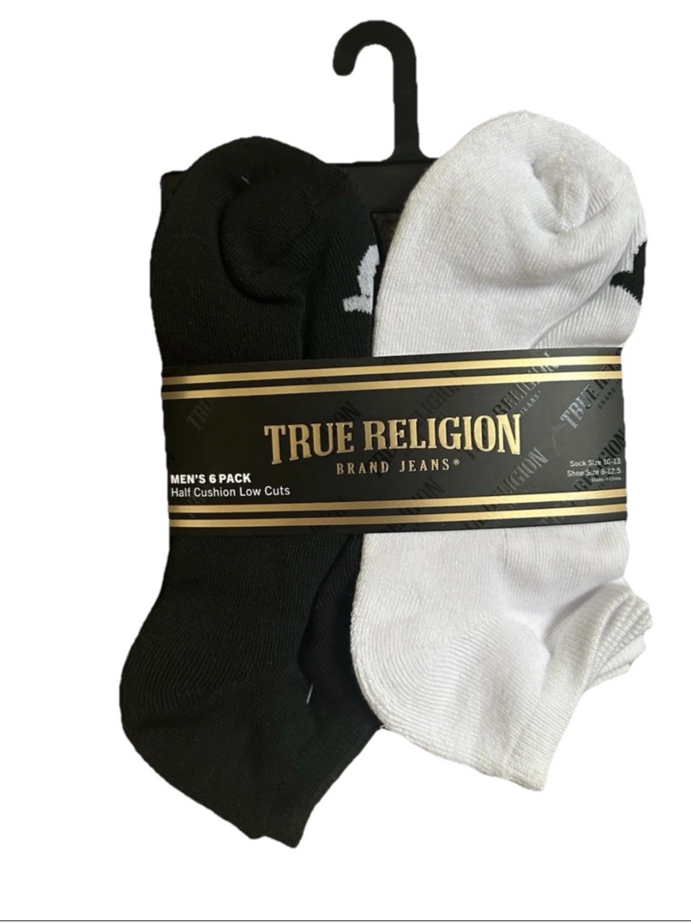 True Religion Low Cut Socks Men’s 6 Pack Black White Logo Half Cushion NWT